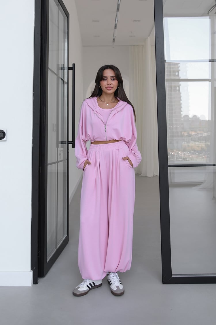Pembe İp Büzgülü Sweat Atlet Pantolon Takım