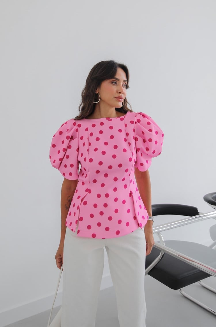Pembe Karpuz Kol Puantiyeli Bluz