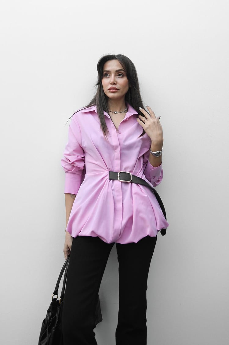 Pembe Kemer Detaylı Gömlek