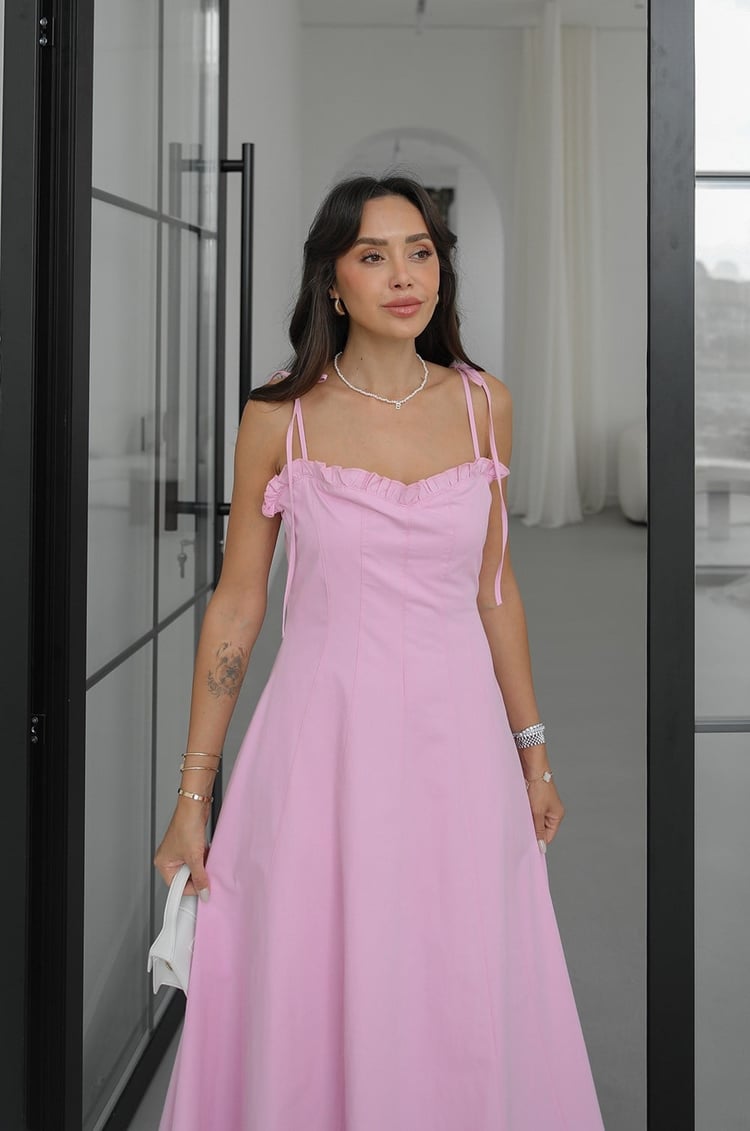 Pembe Keno Askıları Bağlamalı Elbise