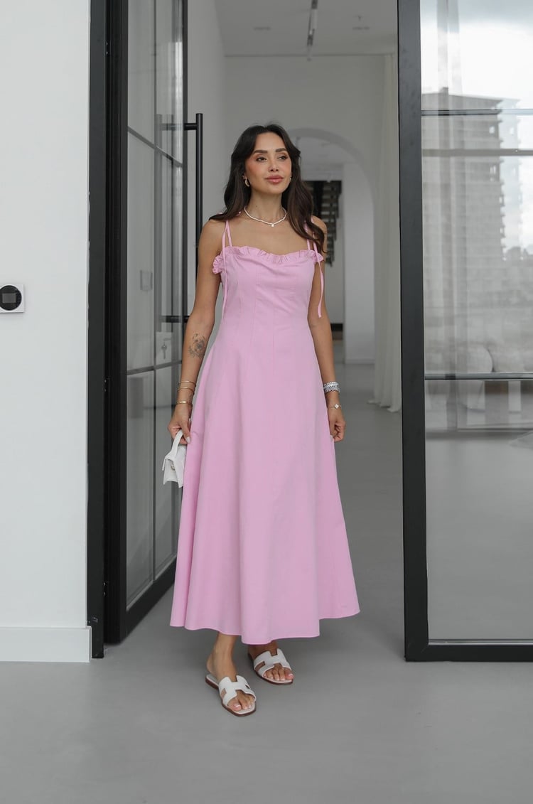 Pembe Keno Askıları Bağlamalı Elbise