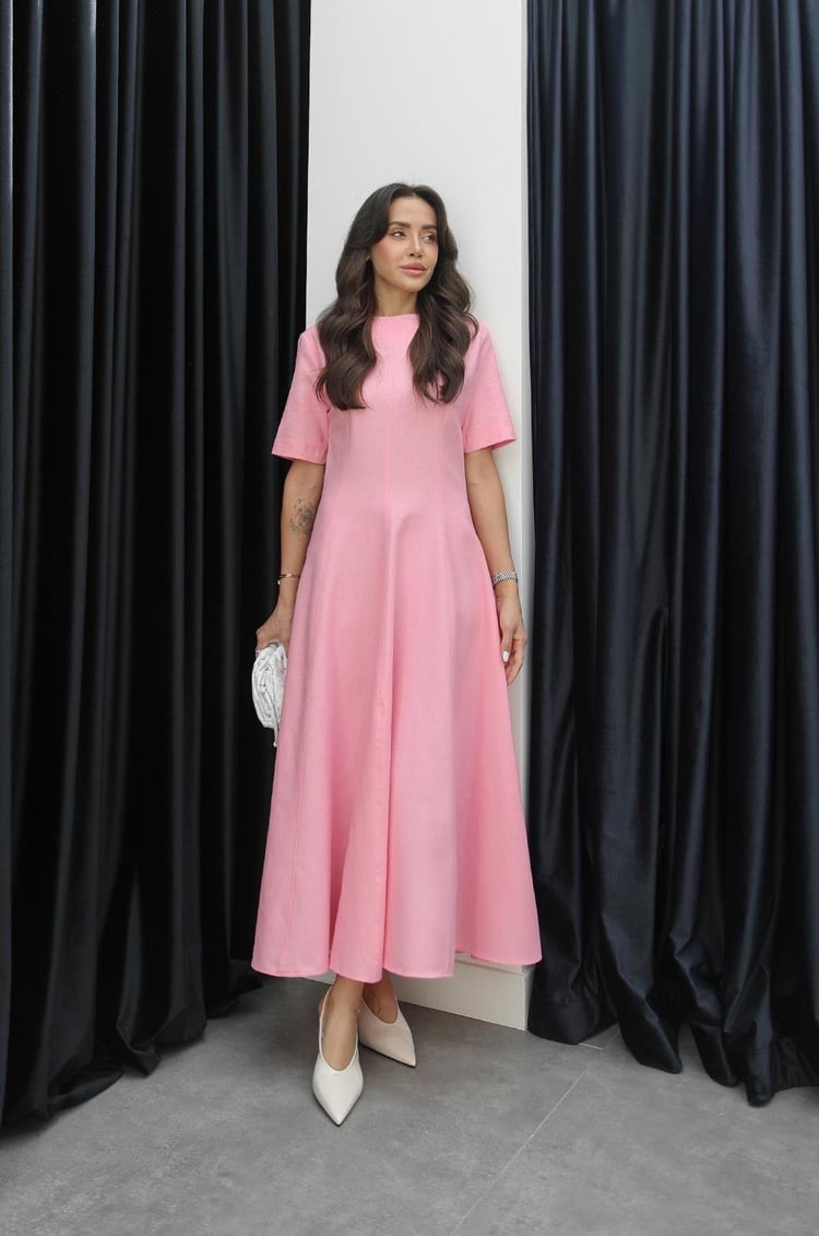 Pembe Keten Maxi Boy Elbise