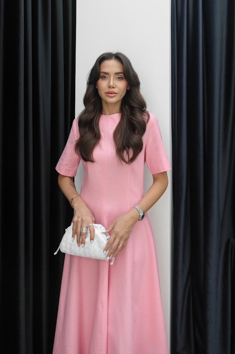 Pembe Keten Maxi Boy Elbise
