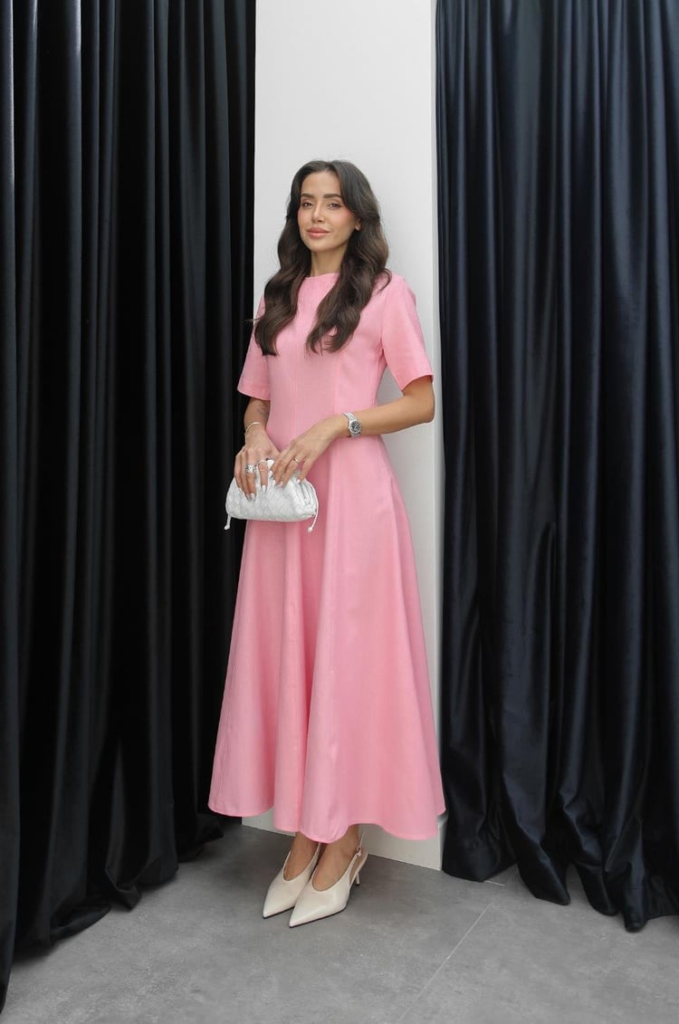 Pembe Keten Maxi Boy Elbise