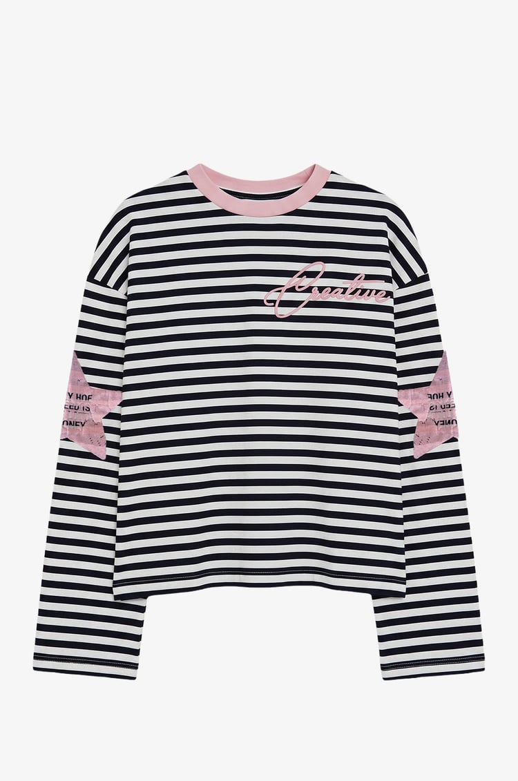 Pembe Kolları Yıldız Baskılı Çizgili İnce Sweatshirt 