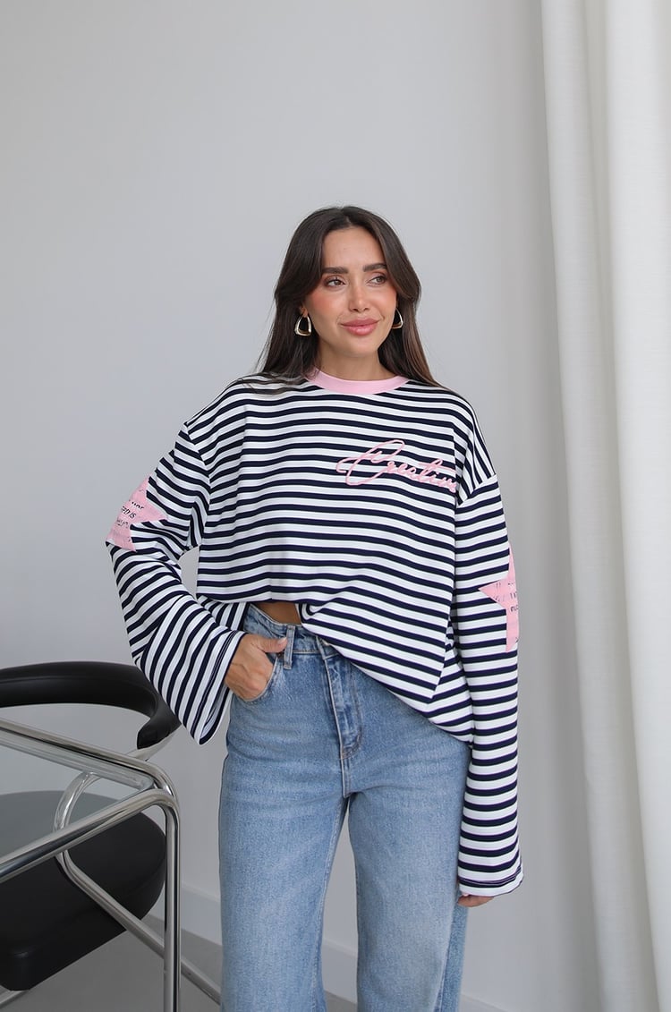 Pembe Kolları Yıldız Baskılı Çizgili İnce Sweatshirt 