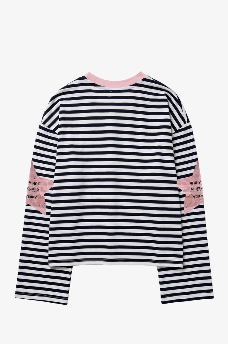 Pembe Kolları Yıldız Baskılı Çizgili İnce Sweatshirt 