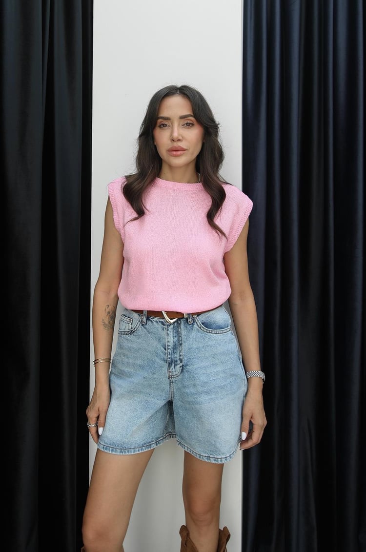 Pembe Kolsuz Bisiklet Yaka Triko