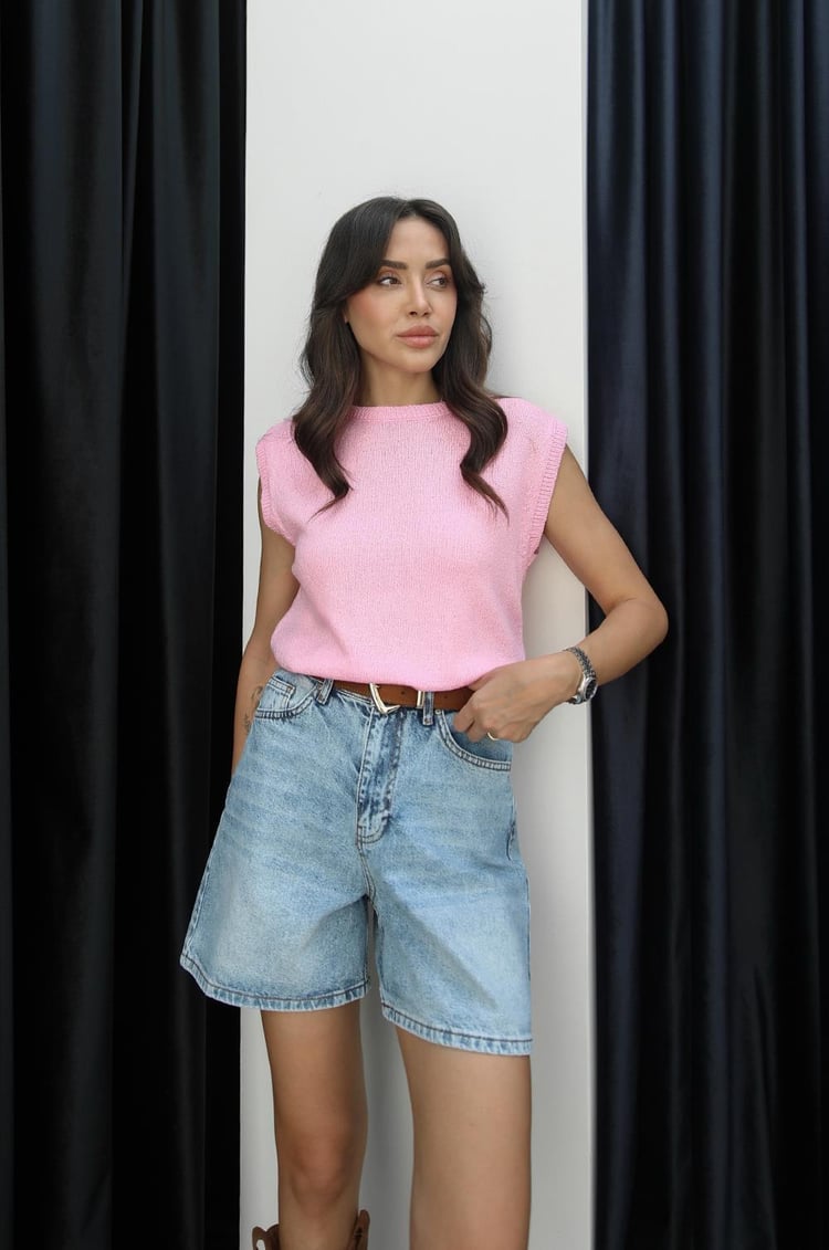 Pembe Kolsuz Bisiklet Yaka Triko