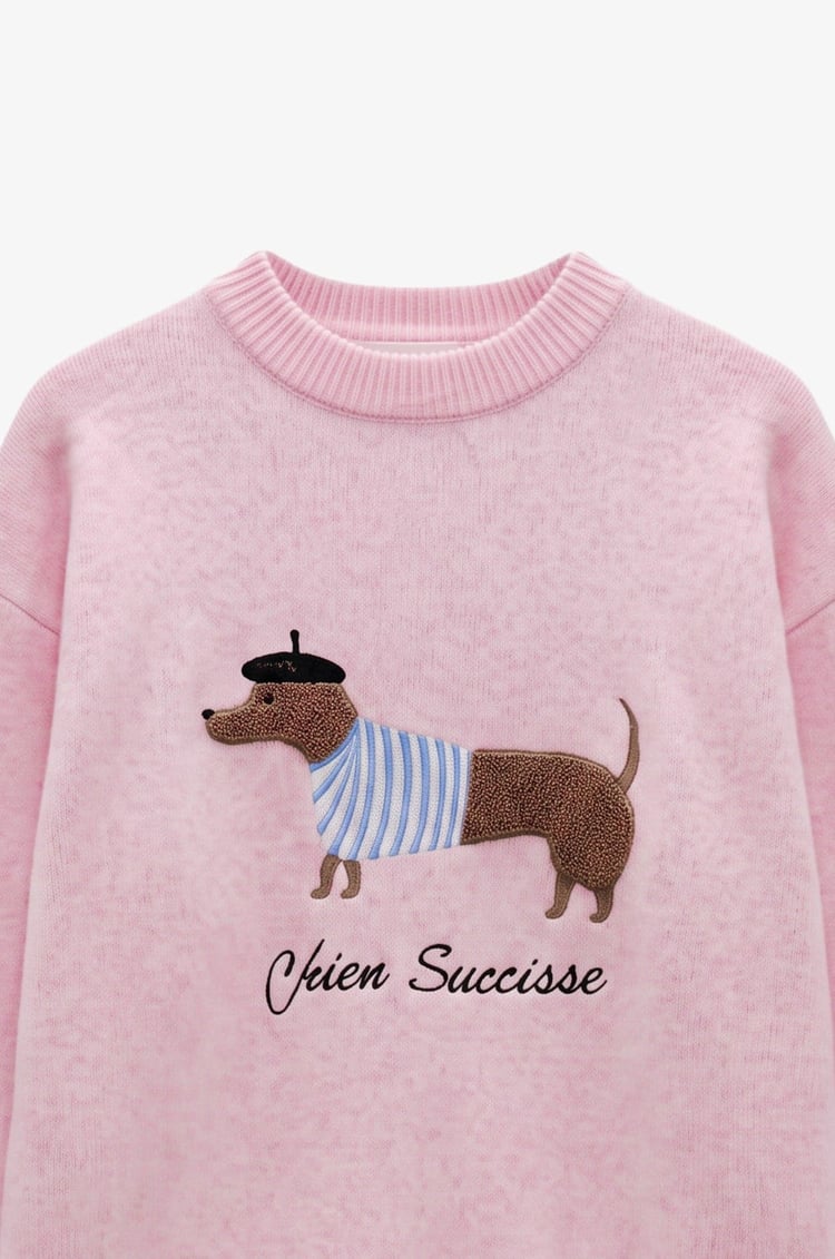 Pembe Köpek İşlemeli Yumoş Kazak