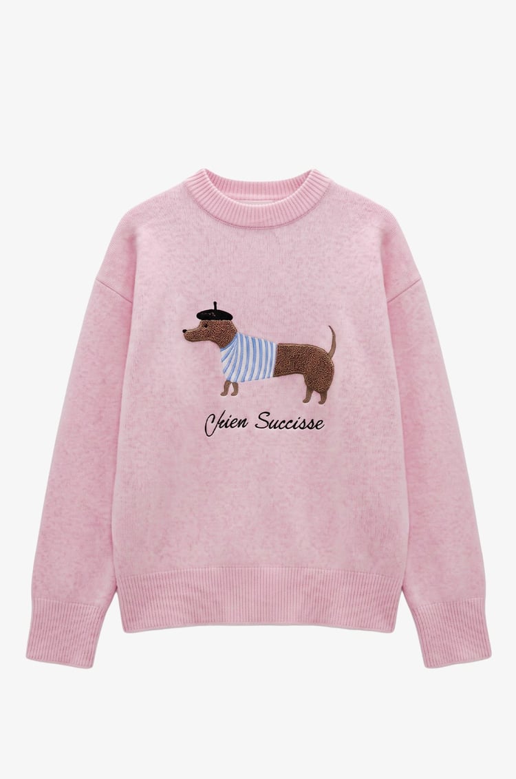 Pembe Köpek İşlemeli Yumoş Kazak