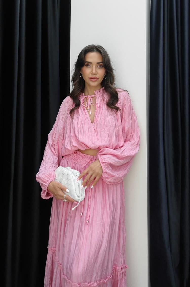 Pembe Kraşlı Bluz Etek Takım