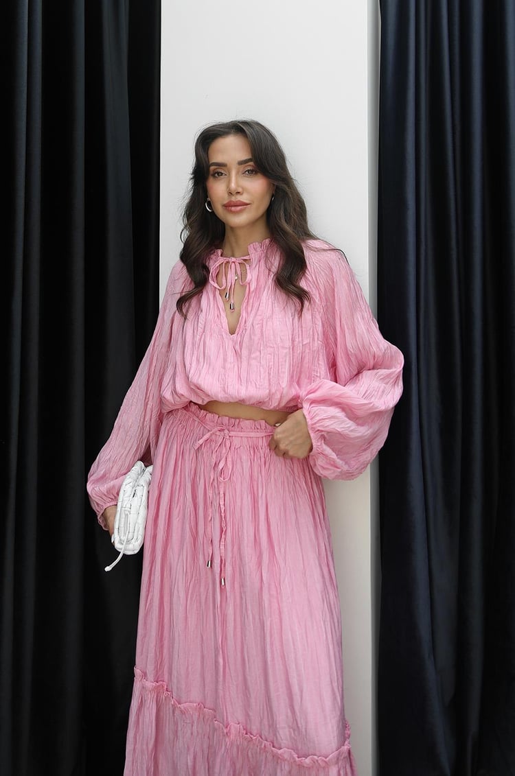 Pembe Kraşlı Bluz Etek Takım