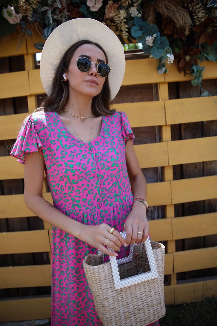 Pembe Leopar Desenli Gömlek Elbise