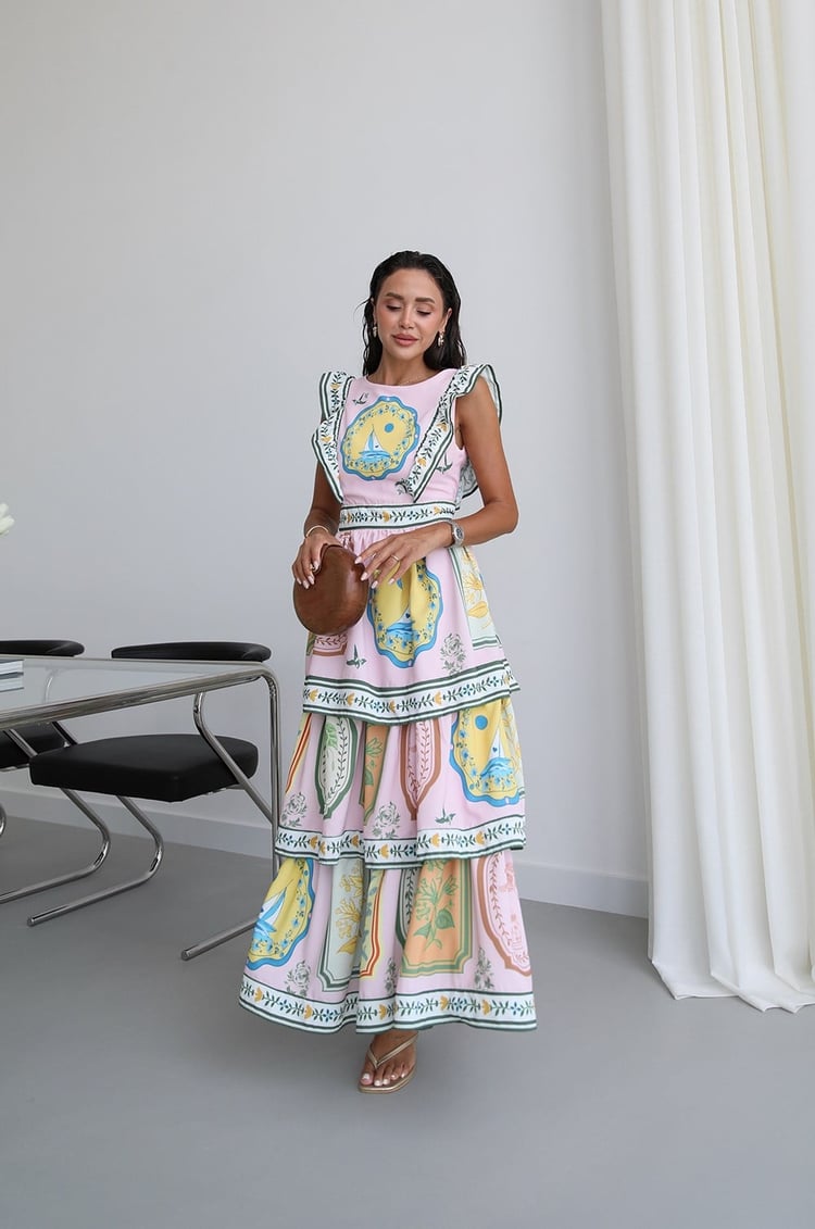 Pembe Marine Desenli Maxi Elbise