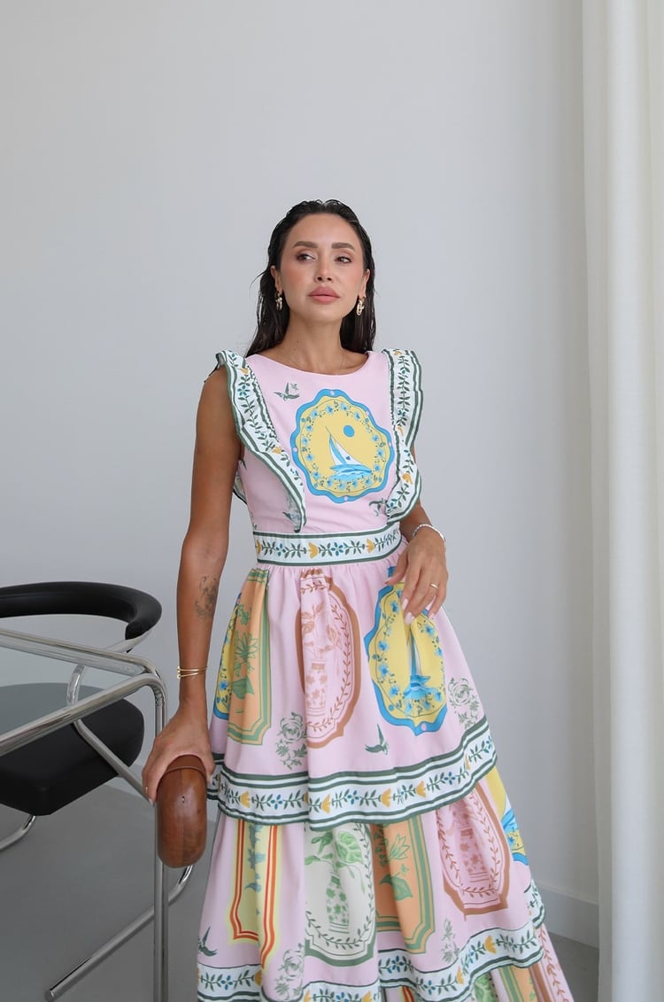 Pembe Marine Desenli Maxi Elbise
