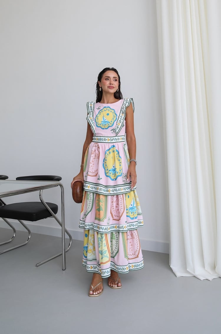 Pembe Marine Desenli Maxi Elbise