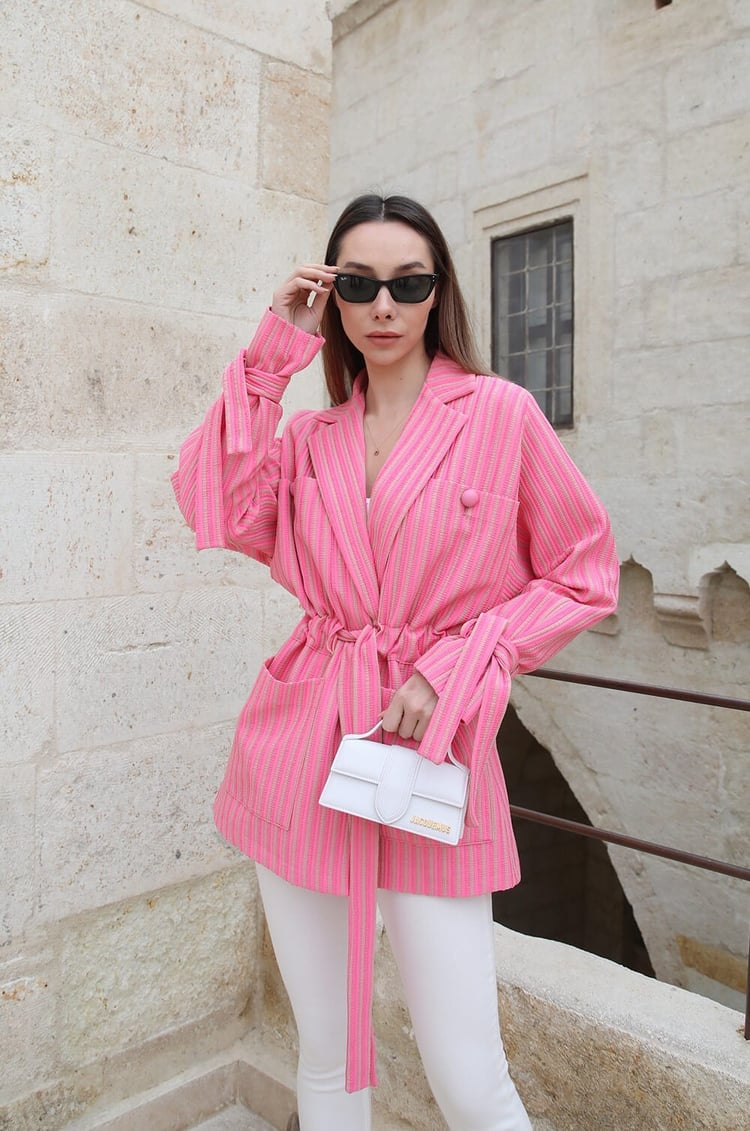 Pembe Maroken Çizgili Kuşaklı Ceket