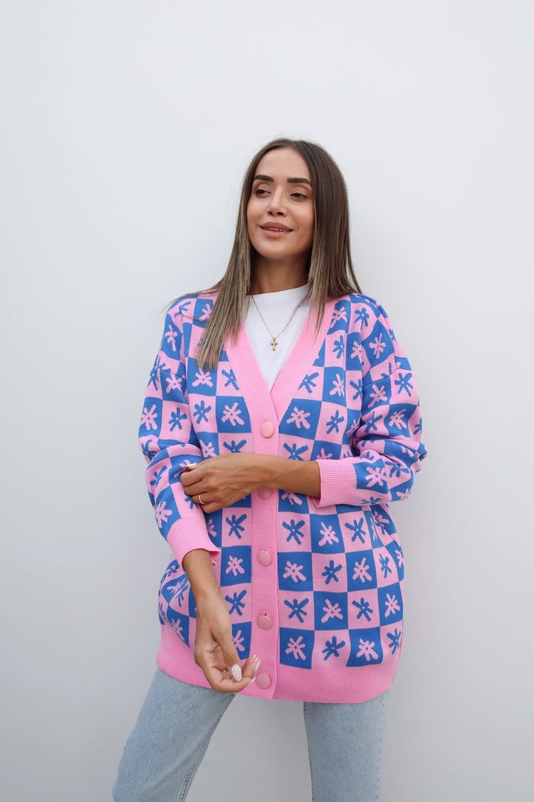Pembe Mavi Önü Düğmeli Hırka