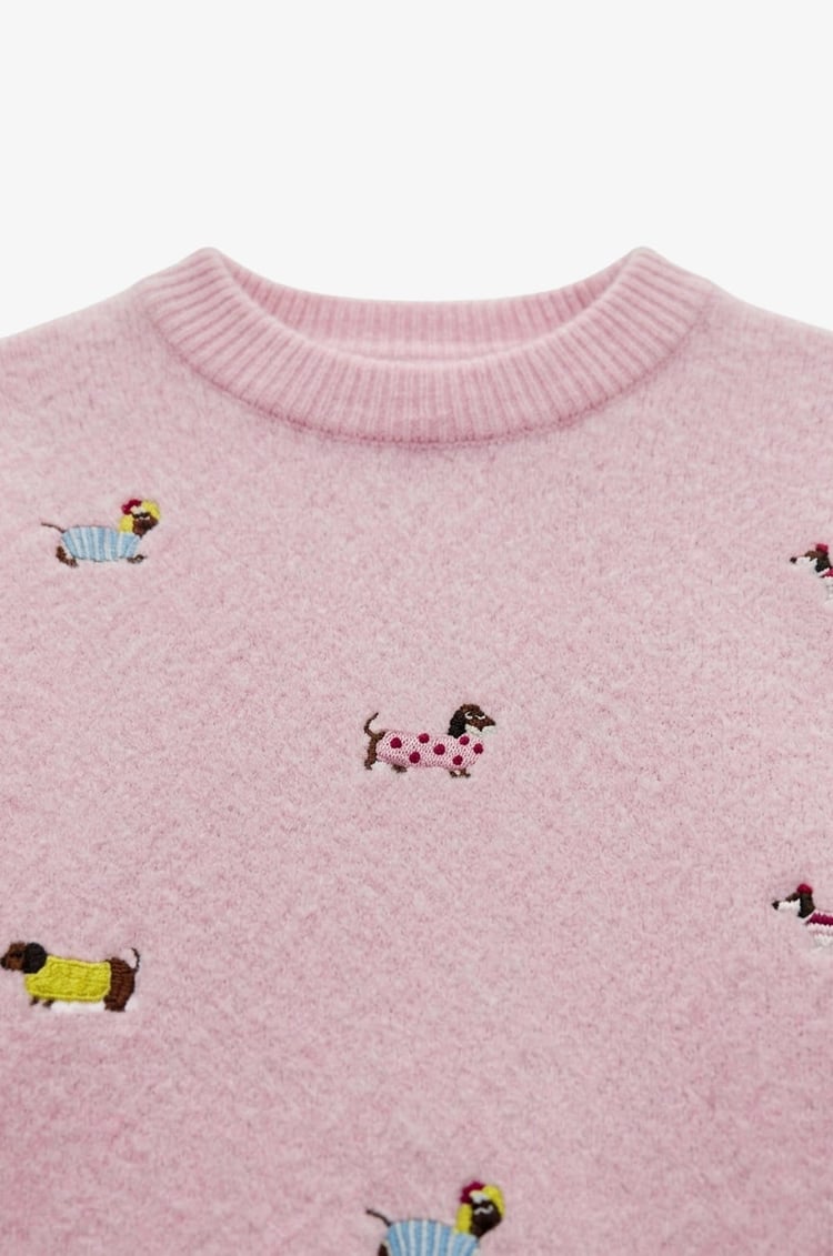 Pembe Mini Köpek İşlemeli Yumoş Kazak