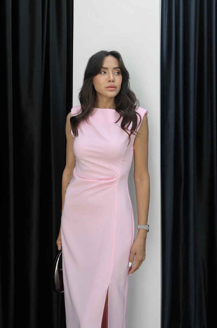 Pembe Nick Yırtmaçlı Vatkalı Elbise