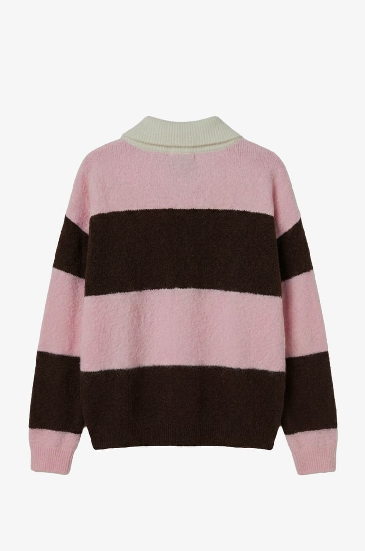 Pembe Nora Çizgili Polo Yaka Kazak