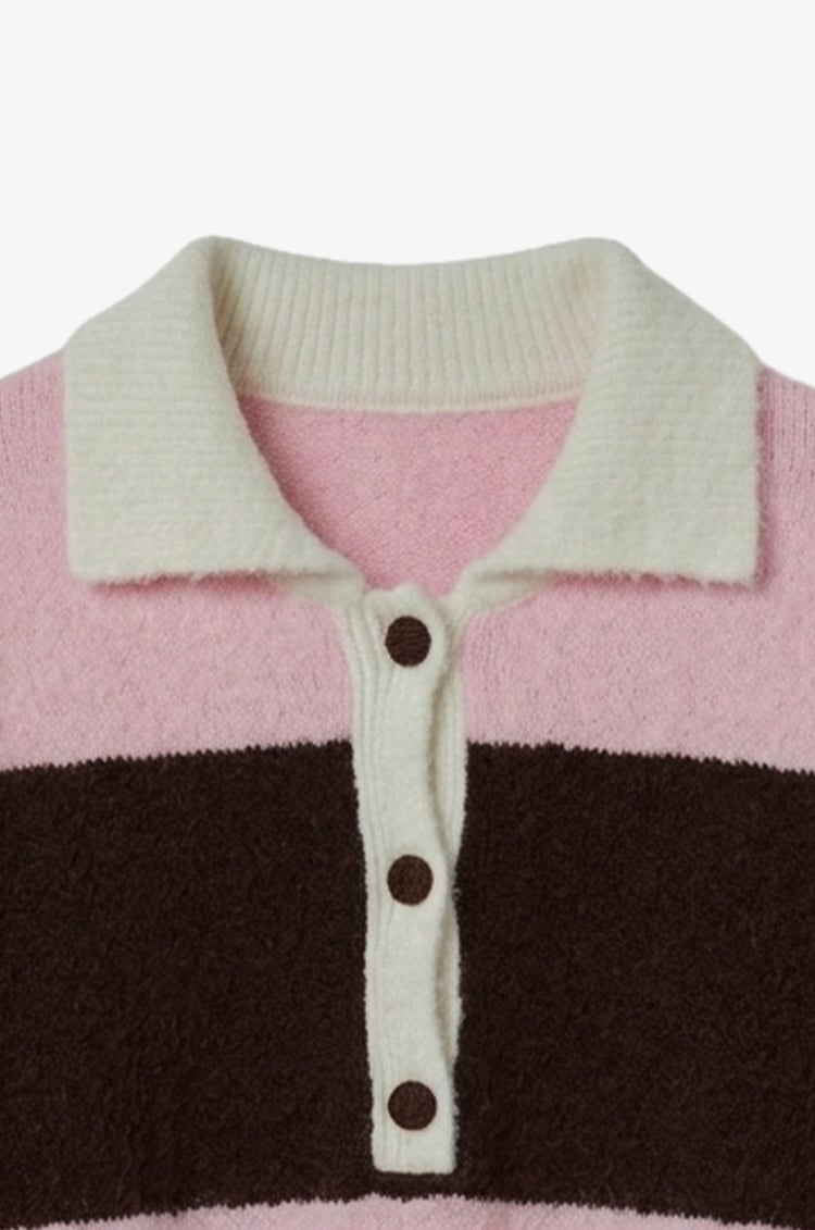 Pembe Nora Çizgili Polo Yaka Kazak