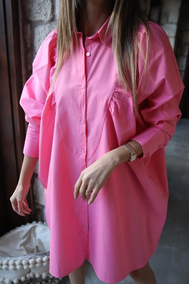Pembe Omuzları Büzgülü Gömlek Elbise