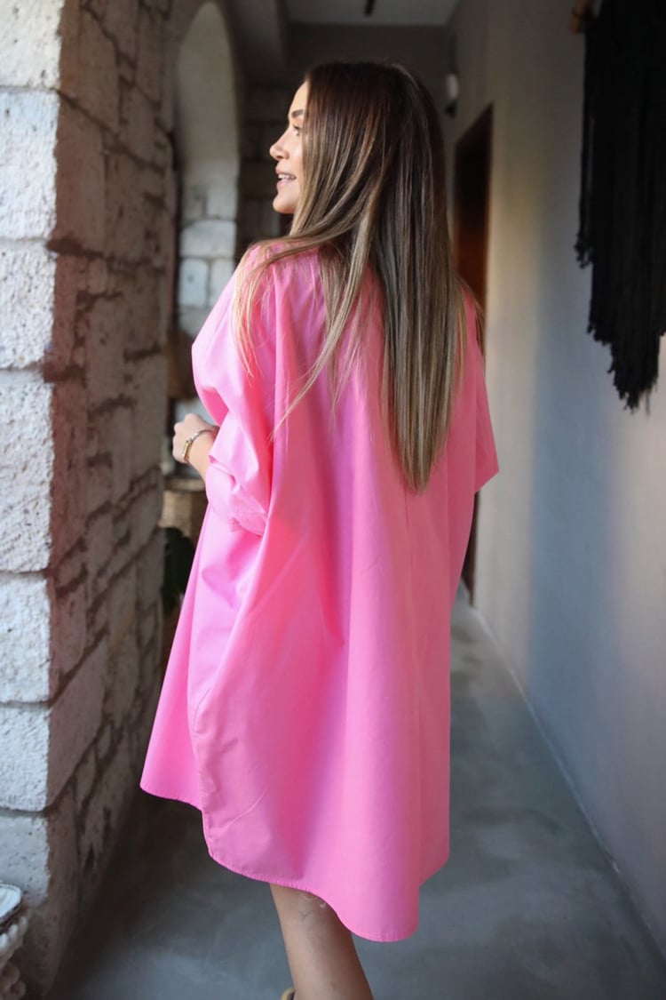 Pembe Omuzları Büzgülü Gömlek Elbise