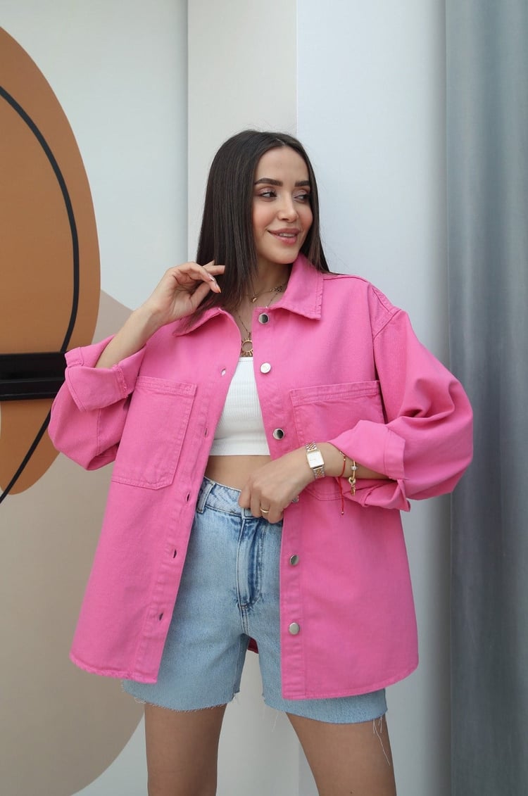 Pembe Önü Cepli Premium Kot Ceket