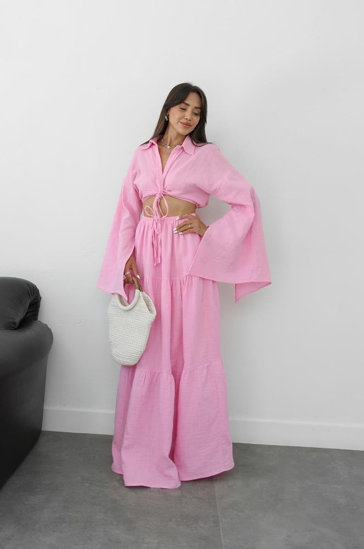 Pembe Önü Düğüm Detaylı Bluz Etek Takım