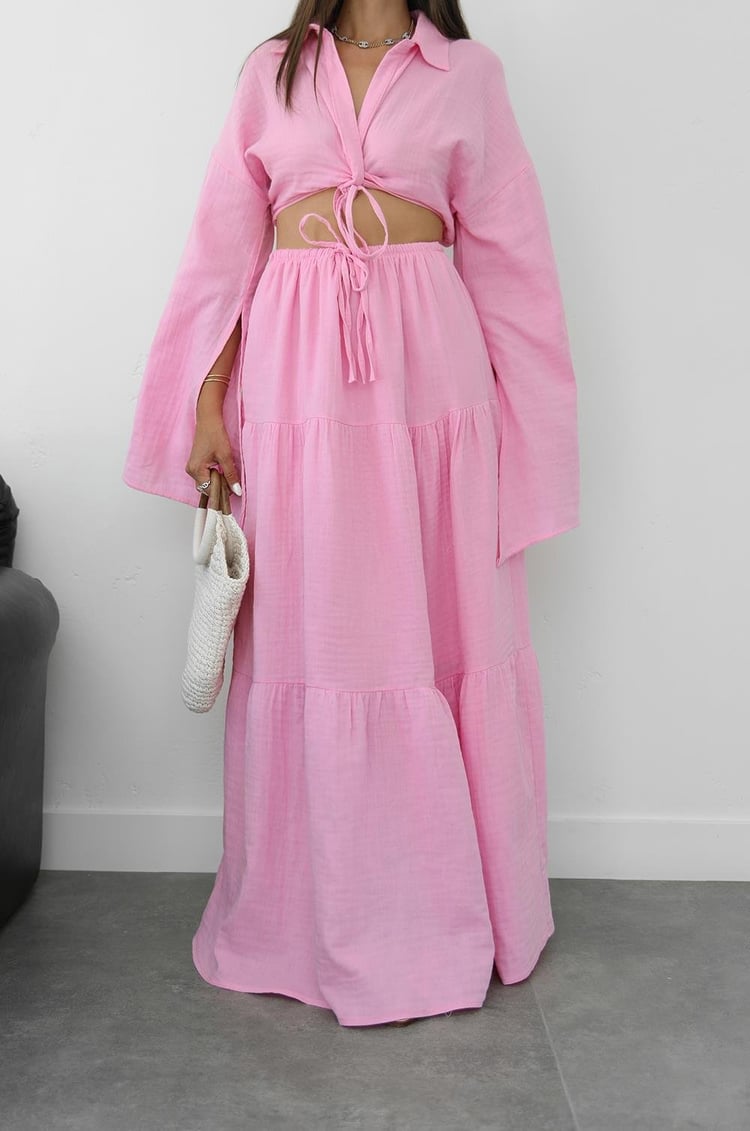 Pembe Önü Düğüm Detaylı Bluz Etek Takım