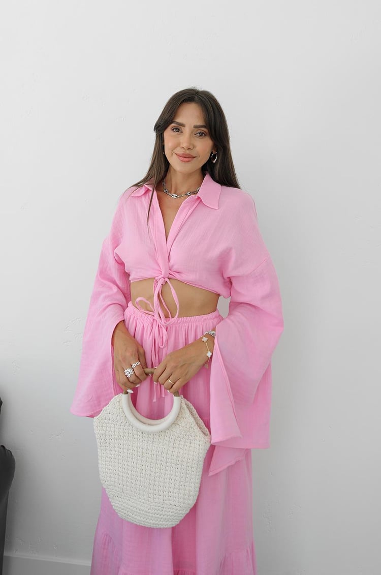 Pembe Önü Düğüm Detaylı Bluz Etek Takım