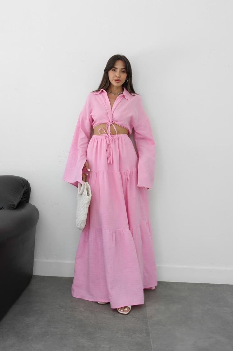 Pembe Önü Düğüm Detaylı Bluz Etek Takım