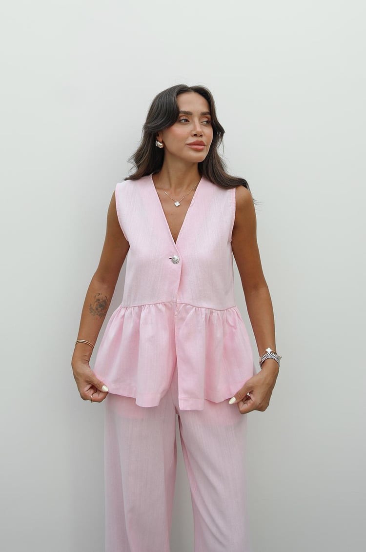 Pembe Önü Tek Düğmeli Yelek Pantolon Takım