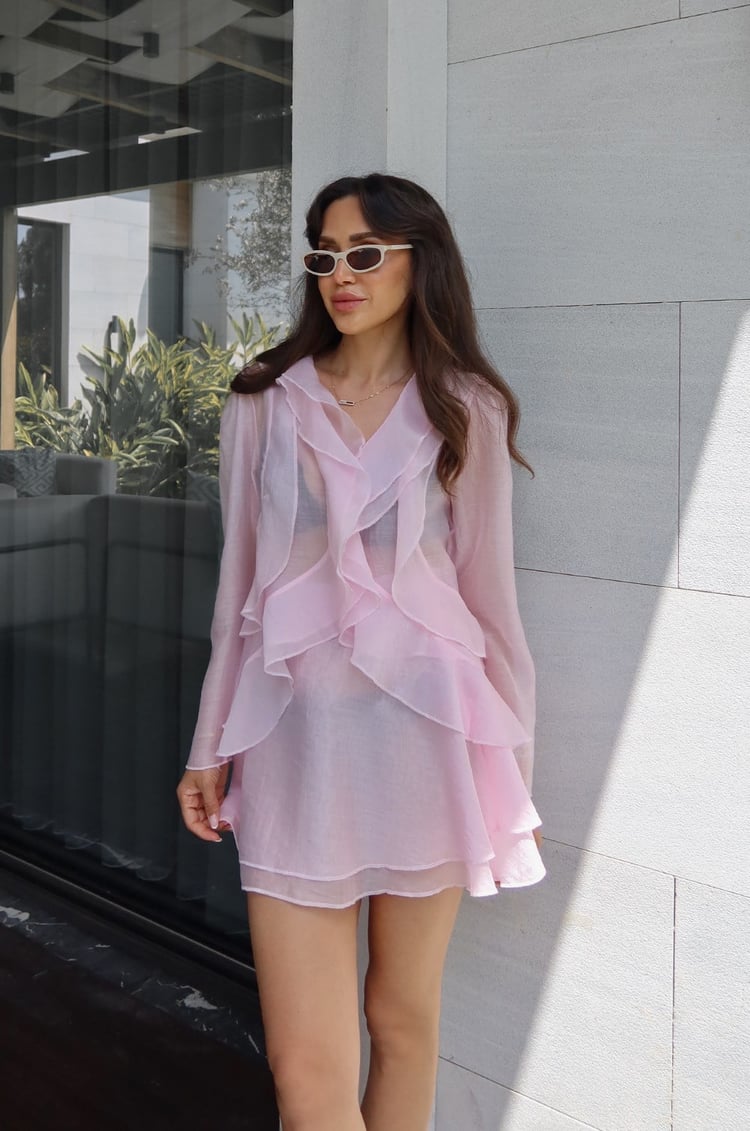 Pembe Önü Volanlı Transparan Bluz Etek Takım