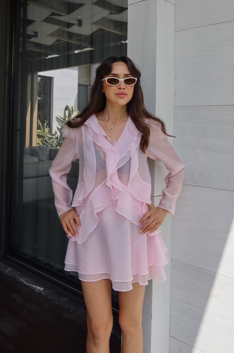 Pembe Önü Volanlı Transparan Bluz Etek Takım