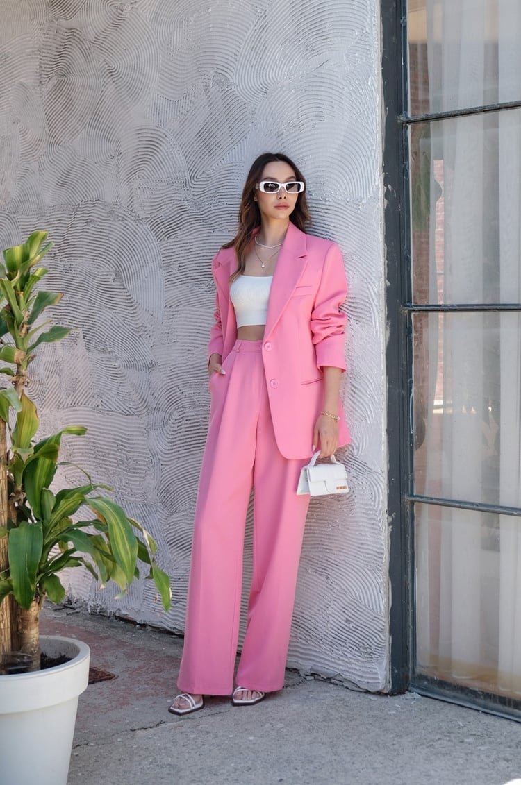 Pembe Palazzo Pantolon Blazer Takım
