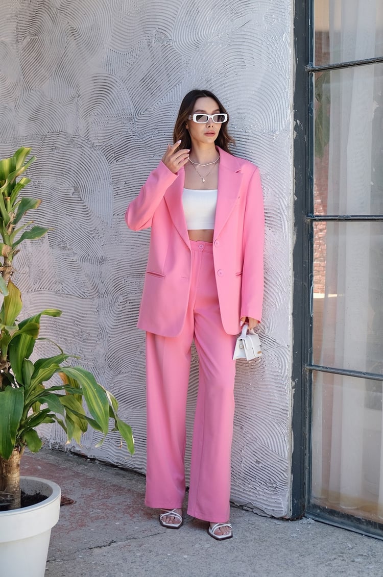 Pembe Palazzo Pantolon Blazer Takım