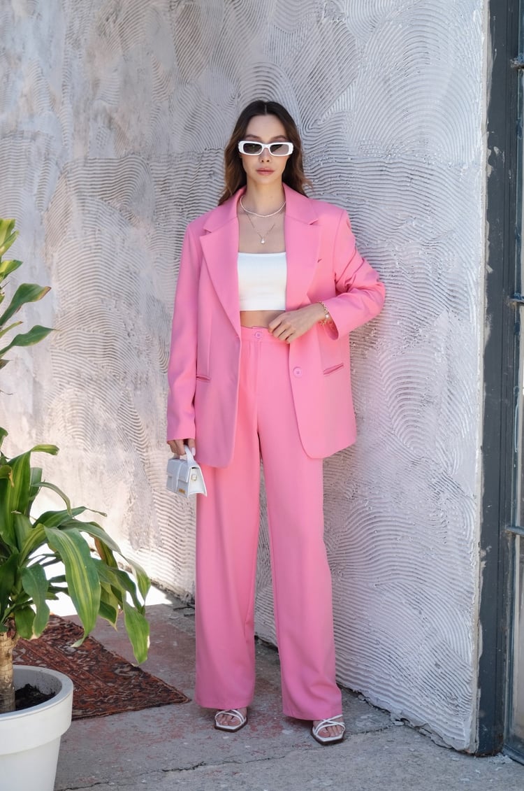 Pembe Palazzo Pantolon Blazer Takım
