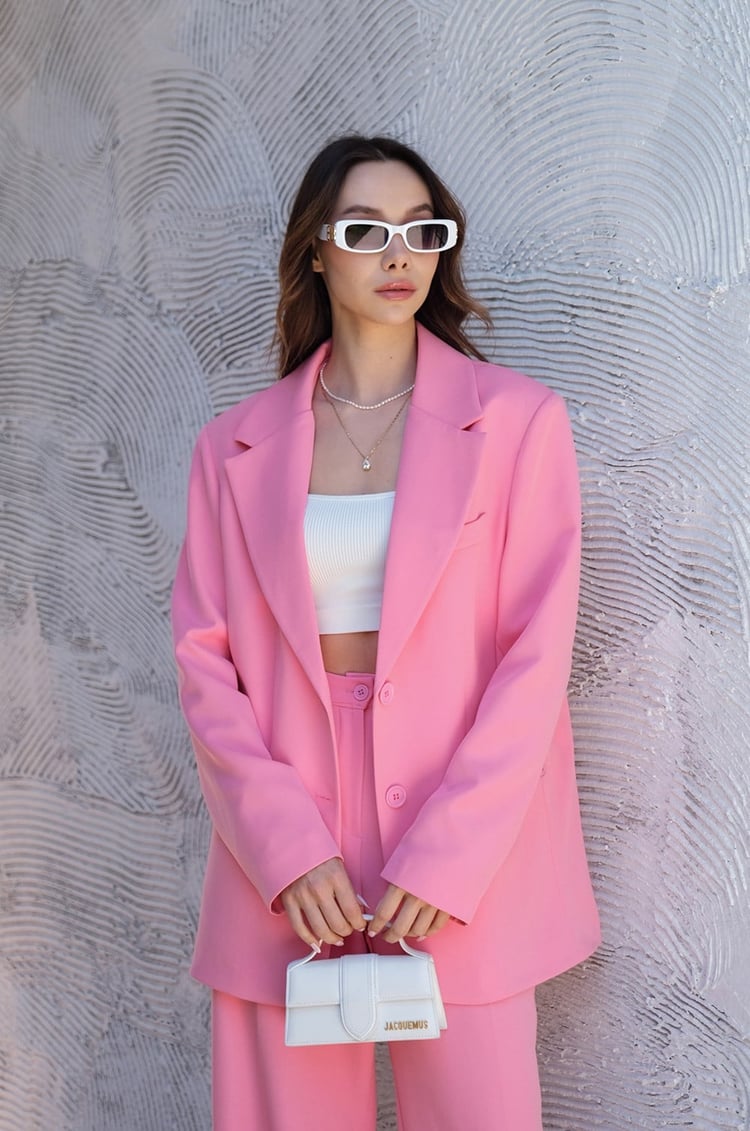 Pembe Palazzo Pantolon Blazer Takım