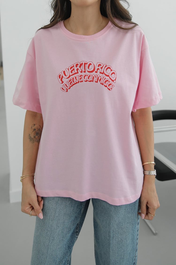 Pembe Puertorico Baskılı Tişört