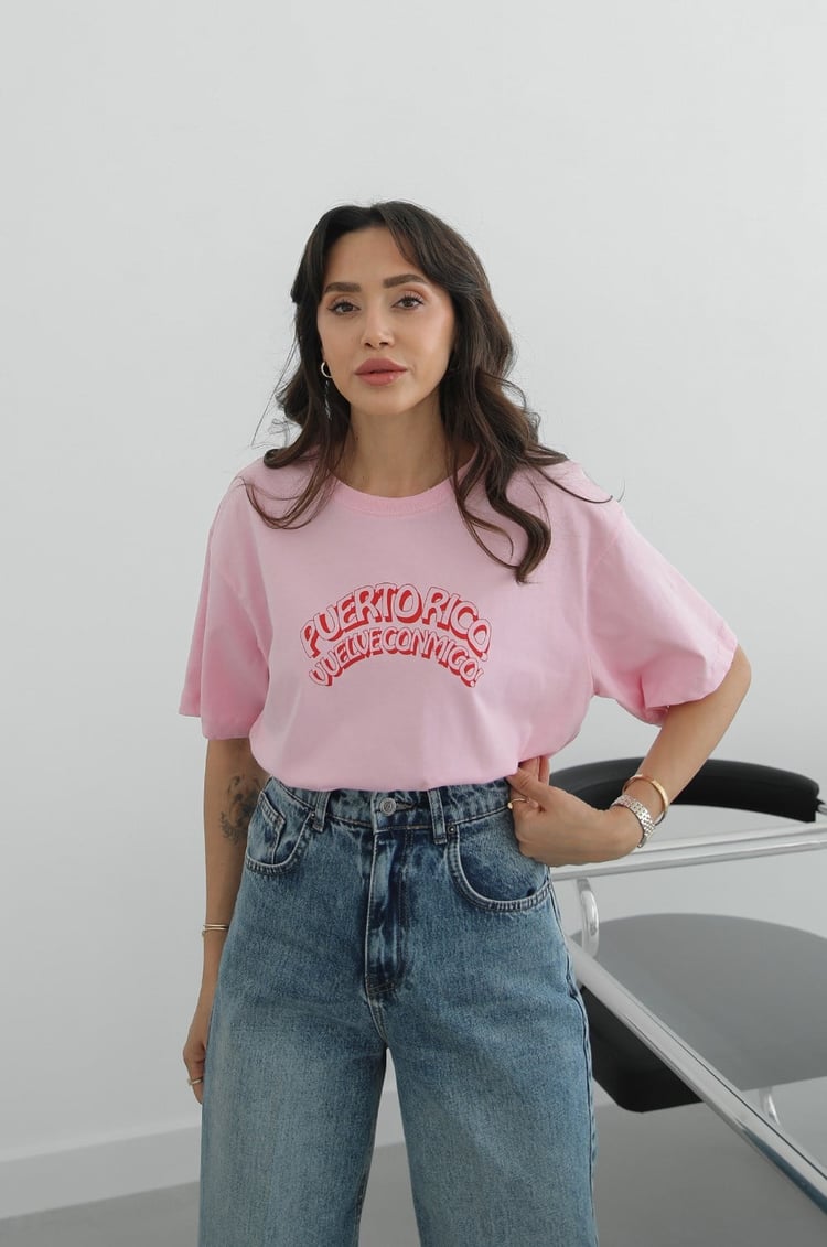 Pembe Puertorico Baskılı Tişört