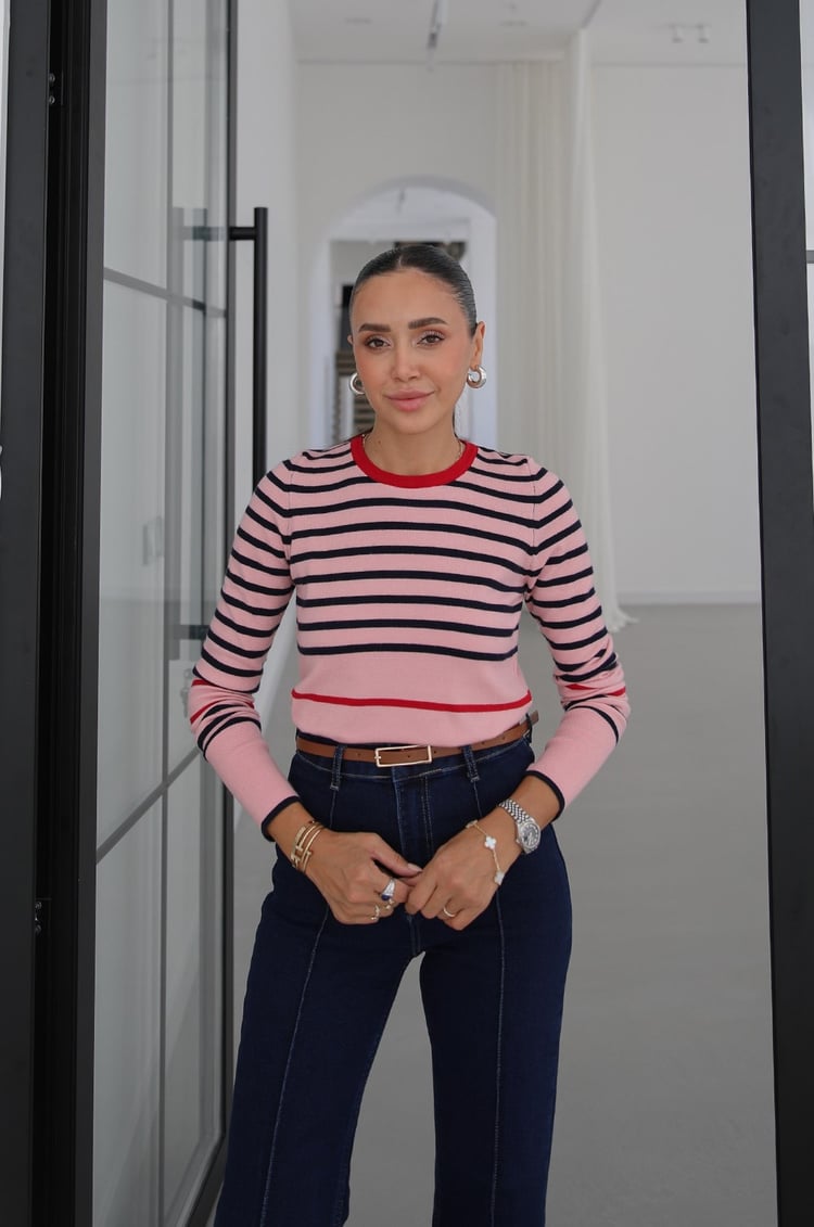 Pembe Renk Bloklu Çizgili Triko Kazak