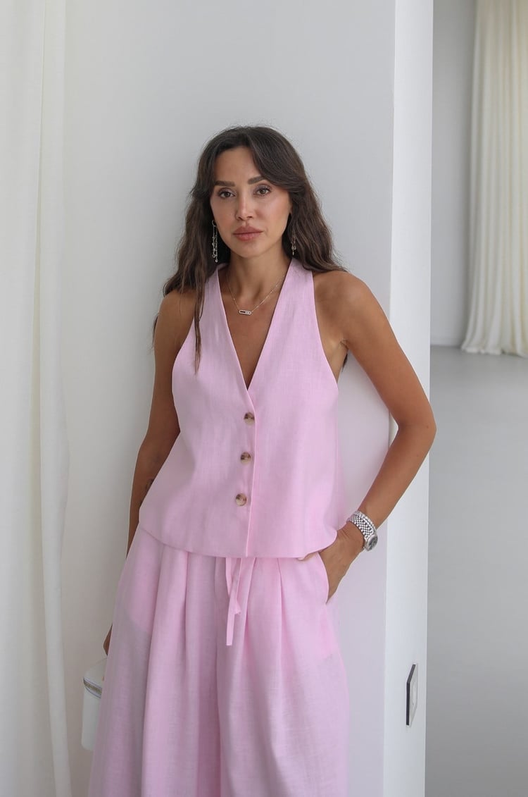 Pembe Rihan Keten Yelek Pantolon Takım