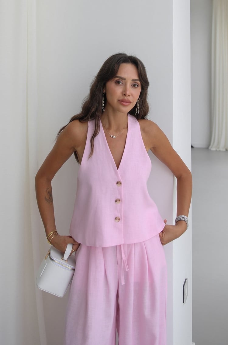 Pembe Rihan Keten Yelek Pantolon Takım