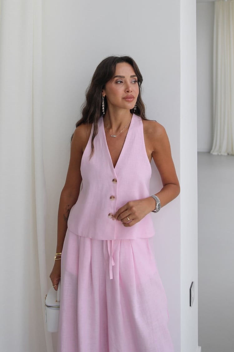 Pembe Rihan Keten Yelek Pantolon Takım