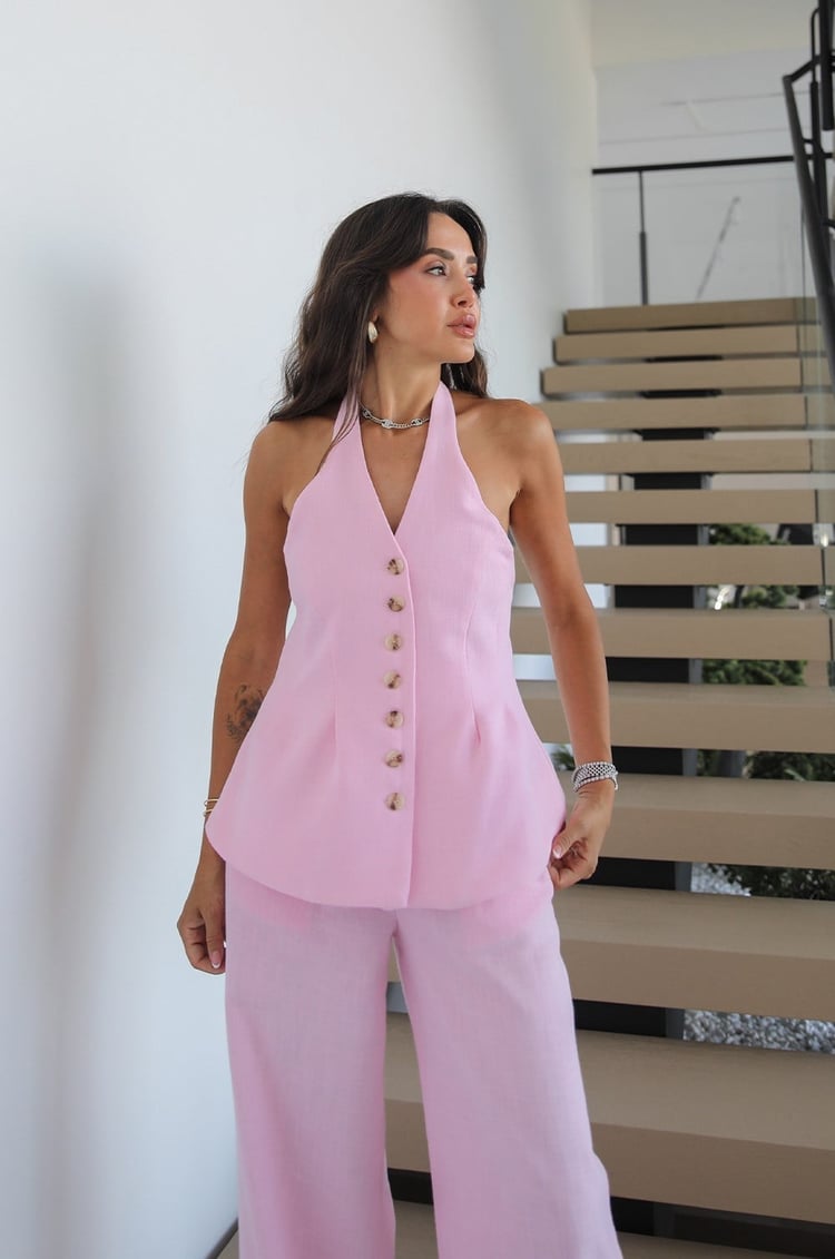 Pembe Riven Yelek Pantolon Keten Takım