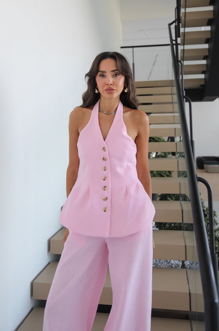 Pembe Riven Yelek Pantolon Keten Takım
