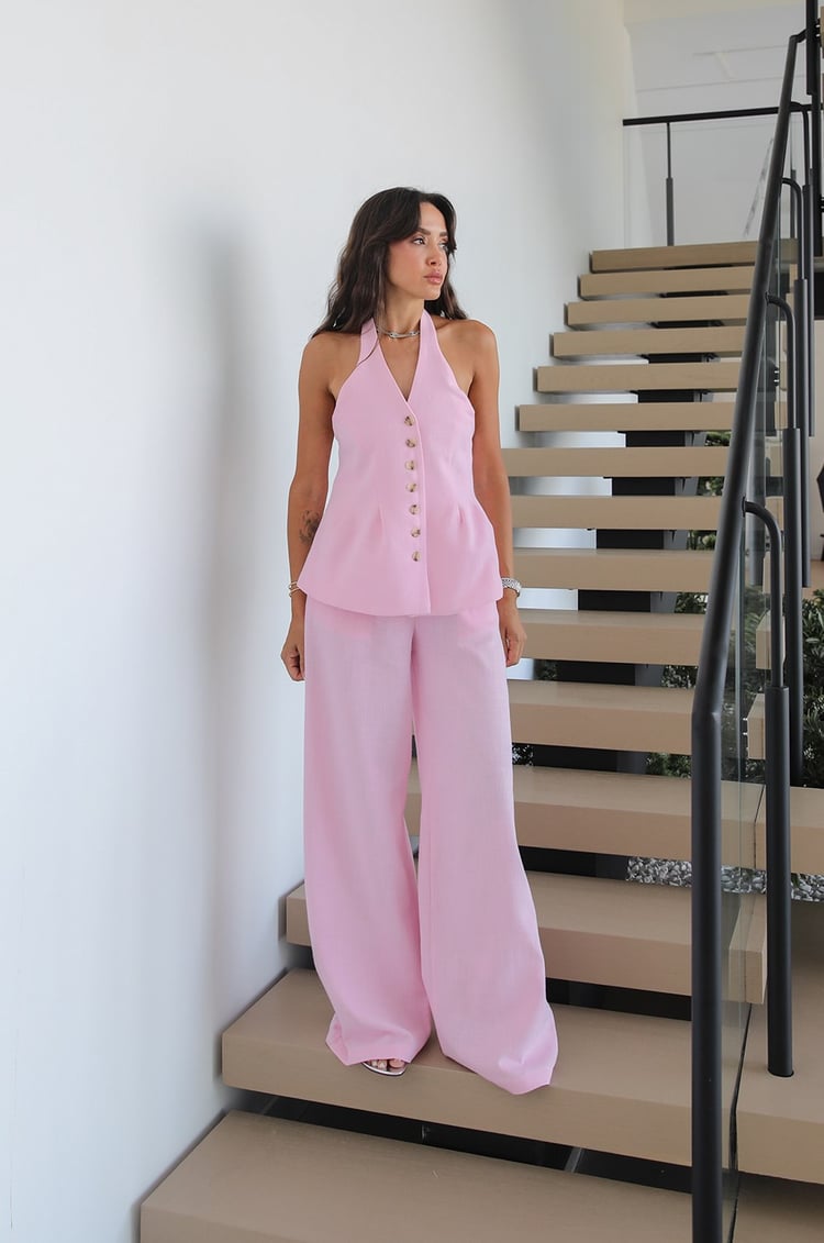 Pembe Riven Yelek Pantolon Keten Takım